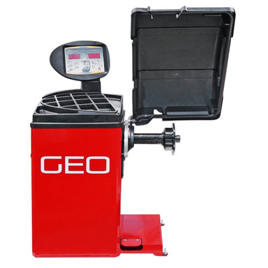A red and black professional wheel balancer with a digital display screen and an open whel cover, featuring the brand name 'GEO' printed in white on the side, front view