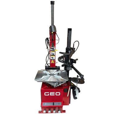 GEO red, black and silver tyre changer with GEO logo on a white background, front view