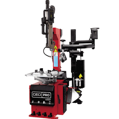 GEO U256T red and black tyre changer with GEO logo on a white background, front and side angled view