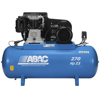 Blue ABAC B600 270L air compressor with ABAC branding on a white background, front view