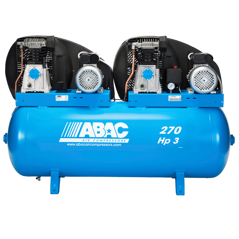 Blue ABAC A39 air compressor with 'ABAC' branding on a white background, front view