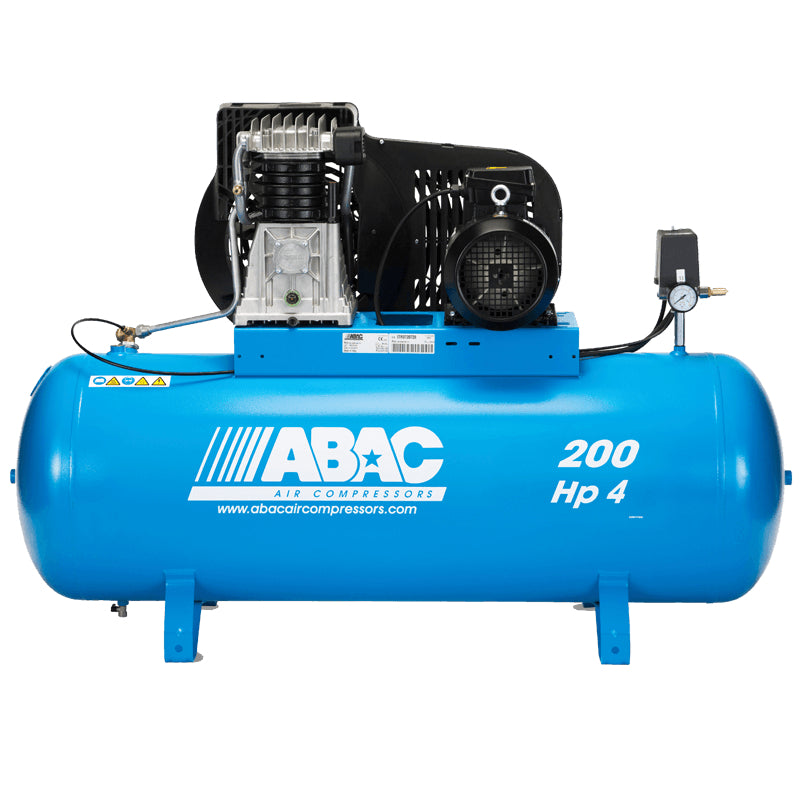 Blue B4900 200L air compressor with ABAC branding on a white background, front view