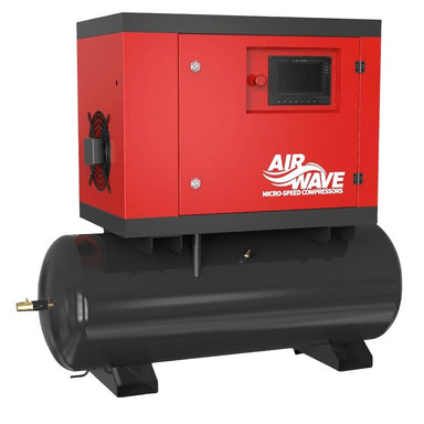 Red and black Airwave Micro-speed 5.5 Hp 160l Air compressor on a white background, front angled view