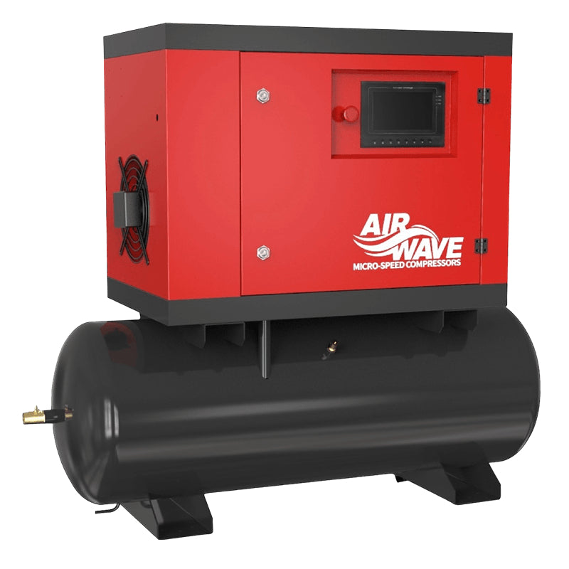 Red and black 7.5HP 160L Air Wave air compressor with 'Air Wave' branding on a white background, front anlge view