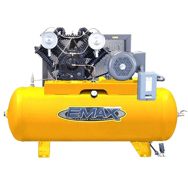 Yellow Emax 200L 4HP Air compressor with EMAX branding on a white background, front view