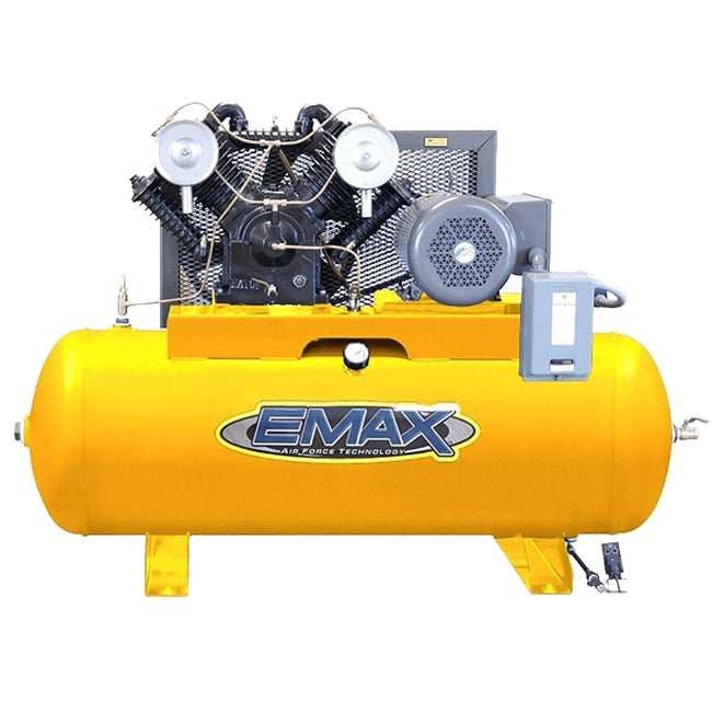 Yellow Emax 200L 4HP Air compressor with EMAX branding on a white background, front view
