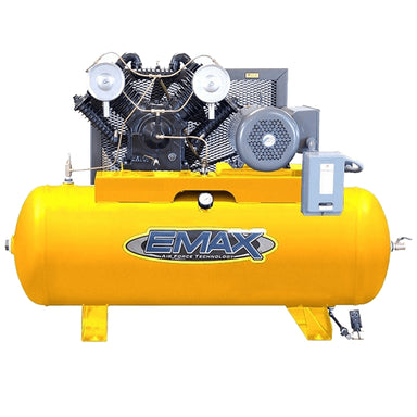 Yellow Emax 270L 5.5HP Air Compressor on a white background, front view