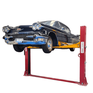 GEO B400ES 2 post car with with a classic car on a white background, front angled view
