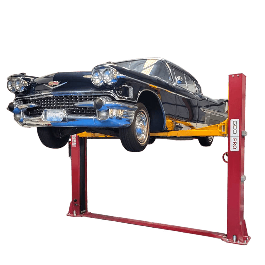 GEO B400ES 2 post car with with a classic car on a white background, front angled view