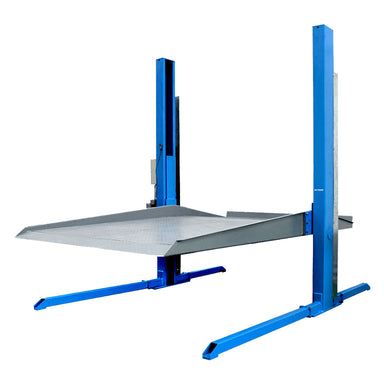 A blue and silver two post parking lift on a plain white background with platform lowered halfway.