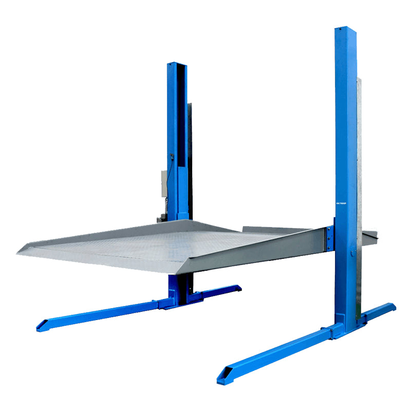 A blue and silver two post parking lift on a plain white background with platform lowered halfway.