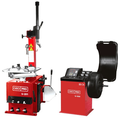 A red and black automotive wheel balancer and tyre changing machine package, shown with a tyre mounted on the balancer unit and a separate tyre changer machine on a plain white background, front side view