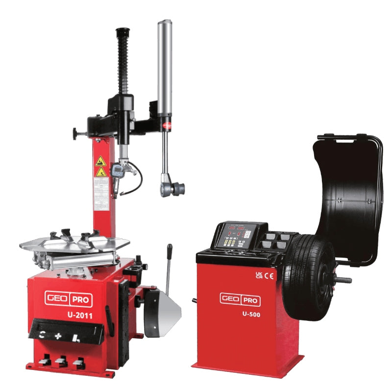 GEO Pro U-2011 tyre changing machine and matching U-500 wheel balancer machine shown on a plain white background, front side view