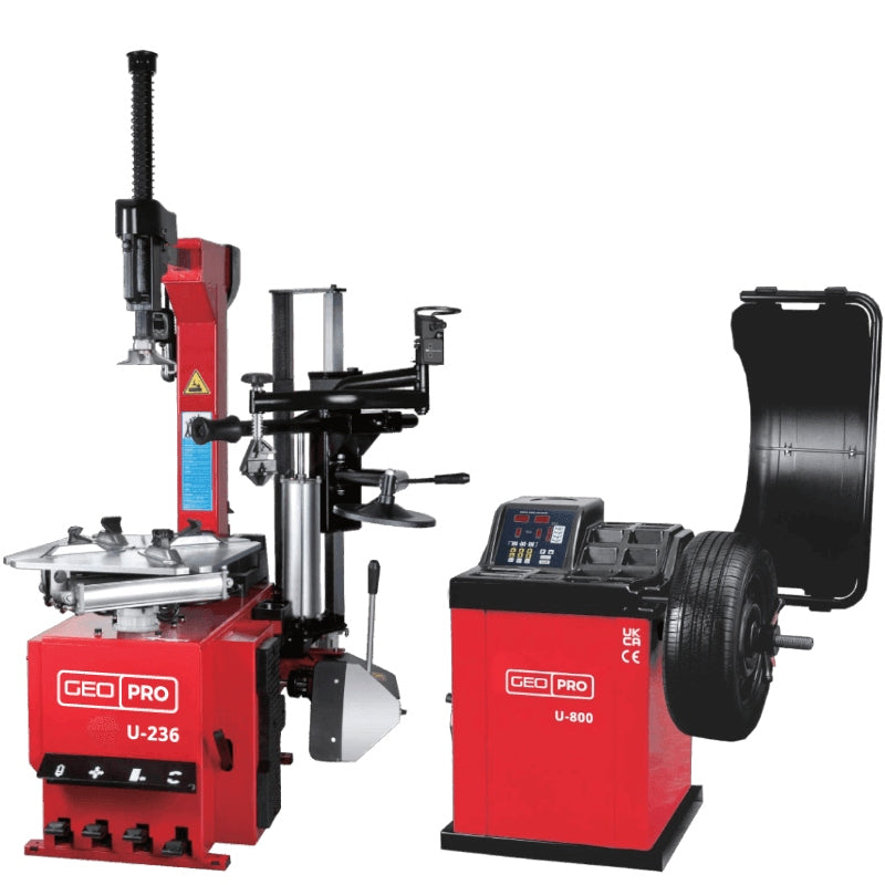 A professional tyre changing and wheel balancing machine set shown on a white background, featuring a red and black GEO PRO U-236 tyre changer on the left and a matching red and black GEO PRO U-800 wheel balancer on the right with a tire mounted, front side view