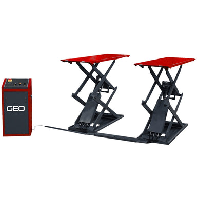 A GEO brand dual-scissor lift system with two red and black lift platforms and an attached red and black control cabinet on a white background, on a side and front view