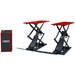 A GEO brand dual-scissor lift system with two red and black lift platforms and an attached red and black control cabinet on a white background, on a side and front view