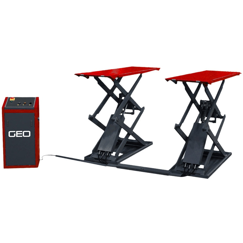 A GEO brand dual-scissor lift system with two red and black lift platforms and an attached red and black control cabinet on a white background, on a side and front view