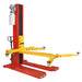 A two-post automotive hydraulic car lift with a red base and posts, yellow arms on a solid white background, front and side view