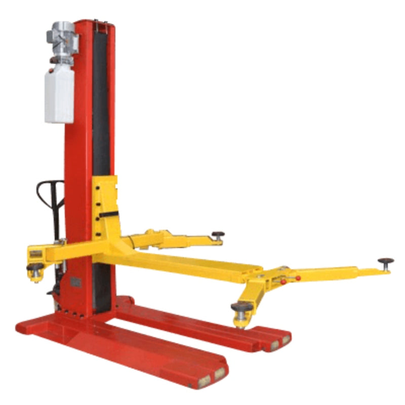 A two-post automotive hydraulic car lift with a red base and posts, yellow arms on a solid white background, front and side view
