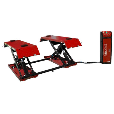Red and white GEO pro mid rise scissor lift on a white background, front side view