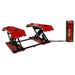 Red and white GEO pro mid rise scissor lift on a white background, front side view