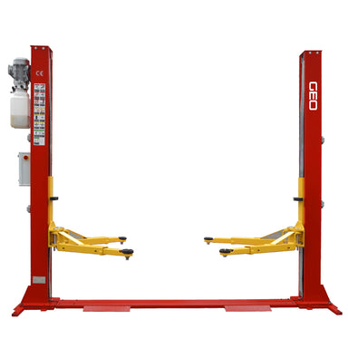 GEO 2 Post H Frame Red and Yellow Car lift on a white background front view