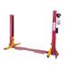 GEO 2 Post Yellow and red car lift on a white background, front angled view
