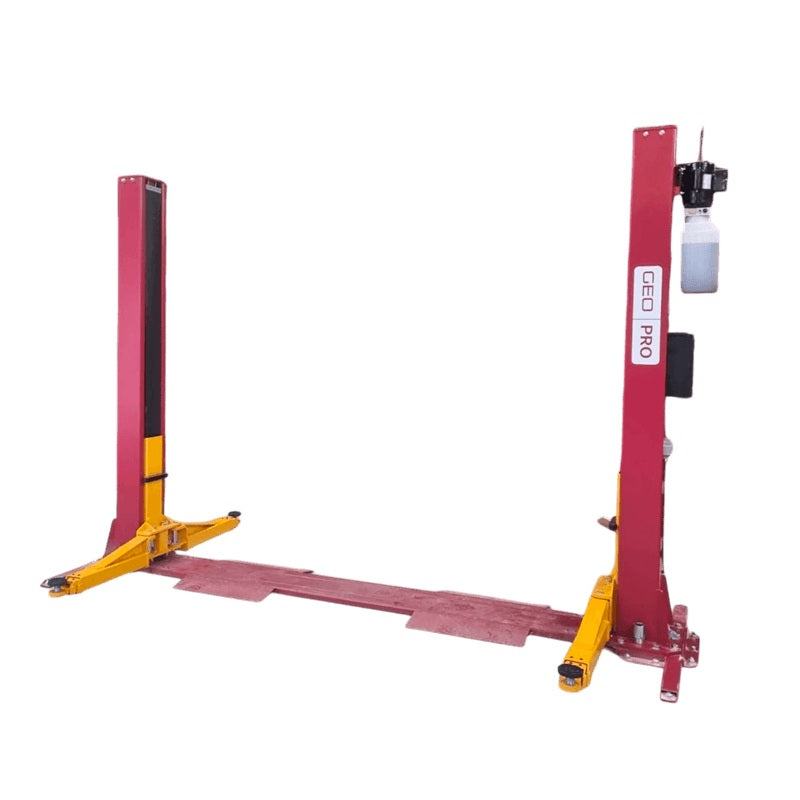 GEO 2 Post Yellow and red car lift on a white background, front angled view