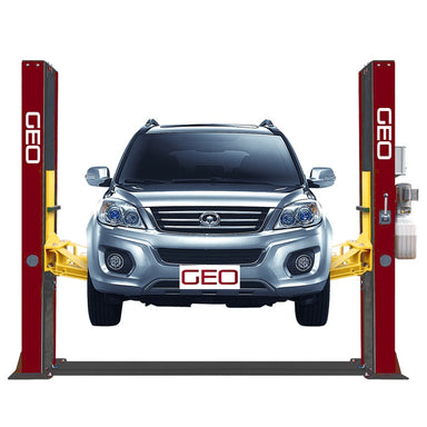 GEO 4000kg red and yellow 2 post manual lift with a Silver SUV against a white background