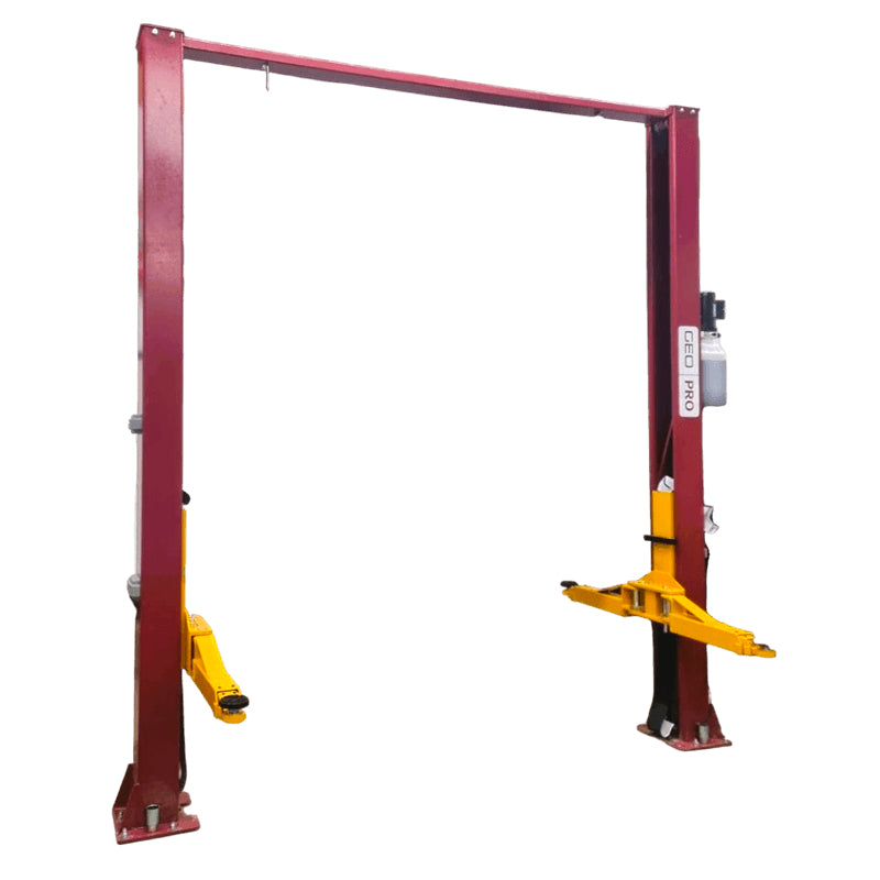 GEO Two-post car lift with red and yellow color scheme on a white background
