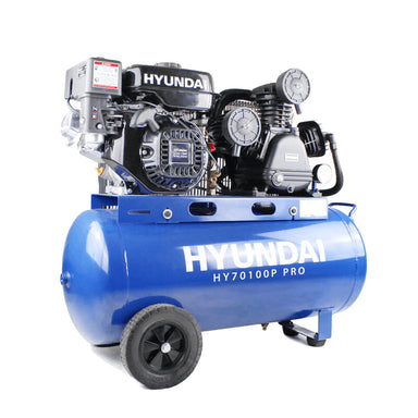 Hyundai HY70100P PRO 7hp petrol air compressor. 90L tank, 145psi, cast iron twin-stage pump, on a white background