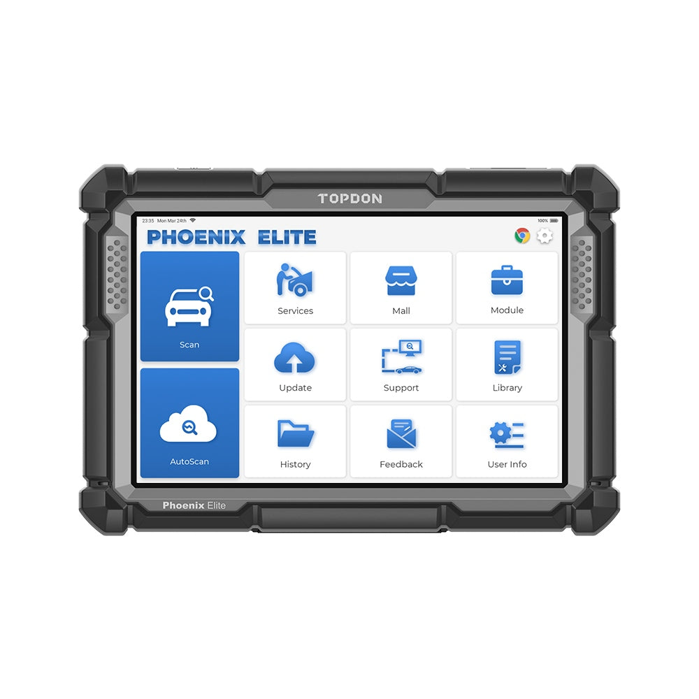 TOPDON Phoenix Elite front view showing home screen with scan, AutoScan and service menu icons