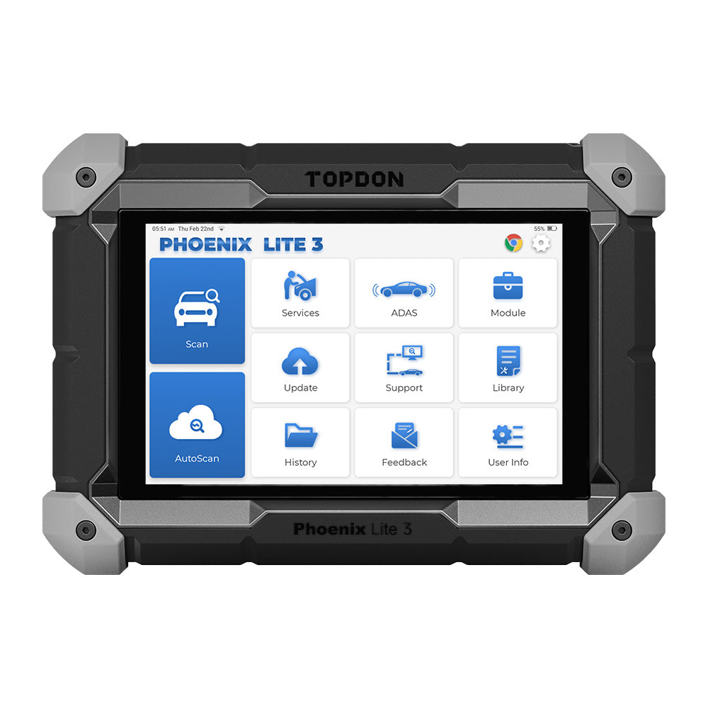 TOPDON Phoenix Lite 3 front view showing home screen with scan, ADAS, AutoScan and services menu icons on white background