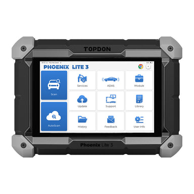 TOPDON Phoenix Lite 3 front view showing home screen with scan, ADAS, AutoScan and services menu icons on white background