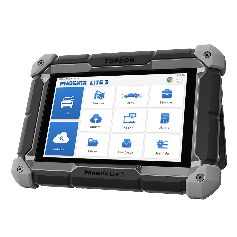TOPDON Phoenix Lite 3 left side angle view showing ADAS, scan and AutoScan menu options on home screen on white background