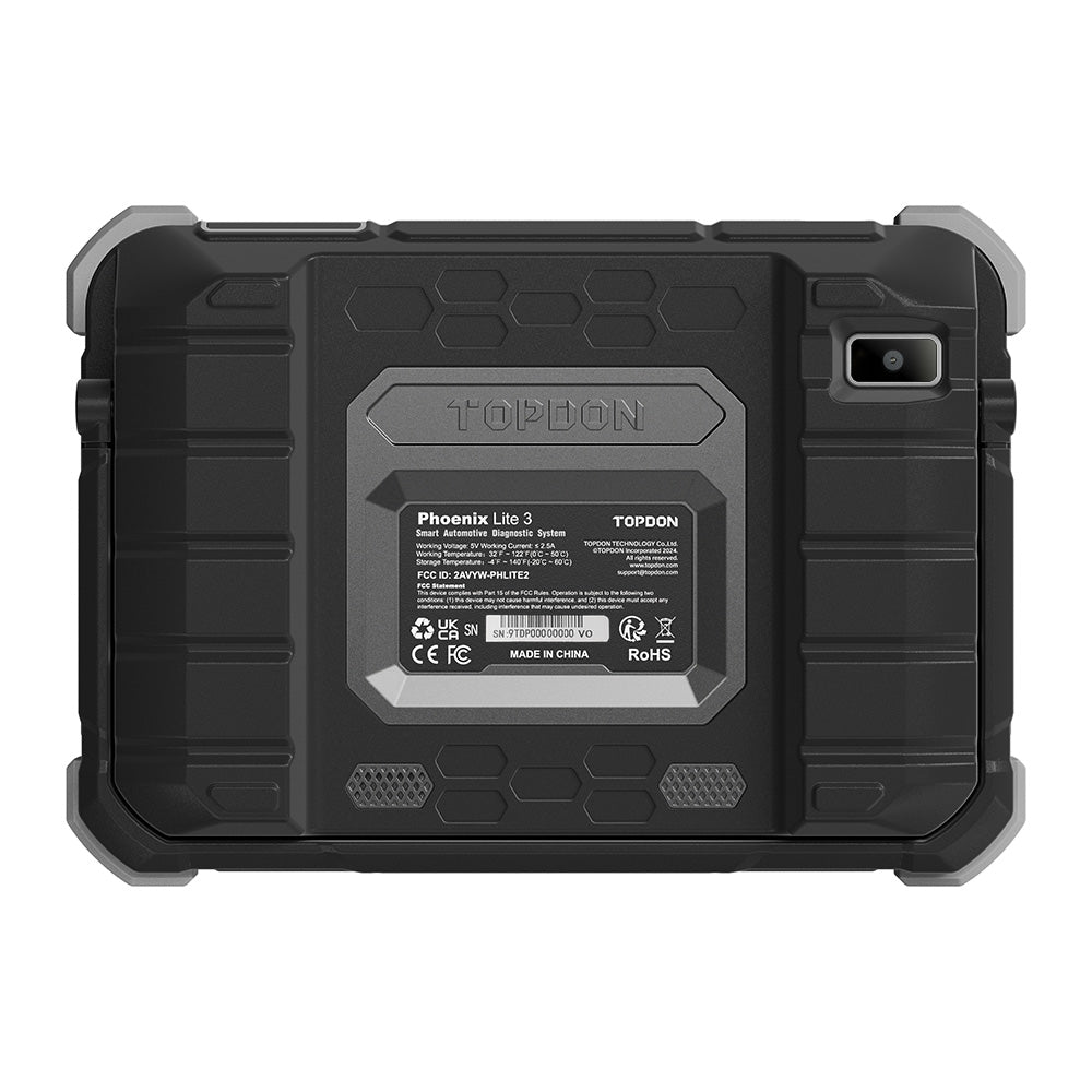 TOPDON Phoenix Lite 3 rear panel showing UKCA, CE, FCC and RoHS certification marks and built-in camera on white background