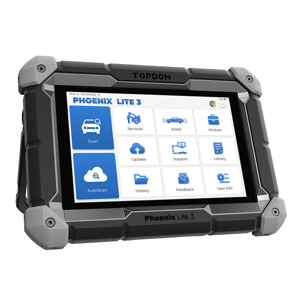 TOPDON Phoenix Lite 3 right side angle view showing grey corner casing and full diagnostic home screen on white background