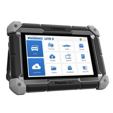 TOPDON Phoenix Lite 3 right side angle view showing grey corner casing and full diagnostic home screen on white background