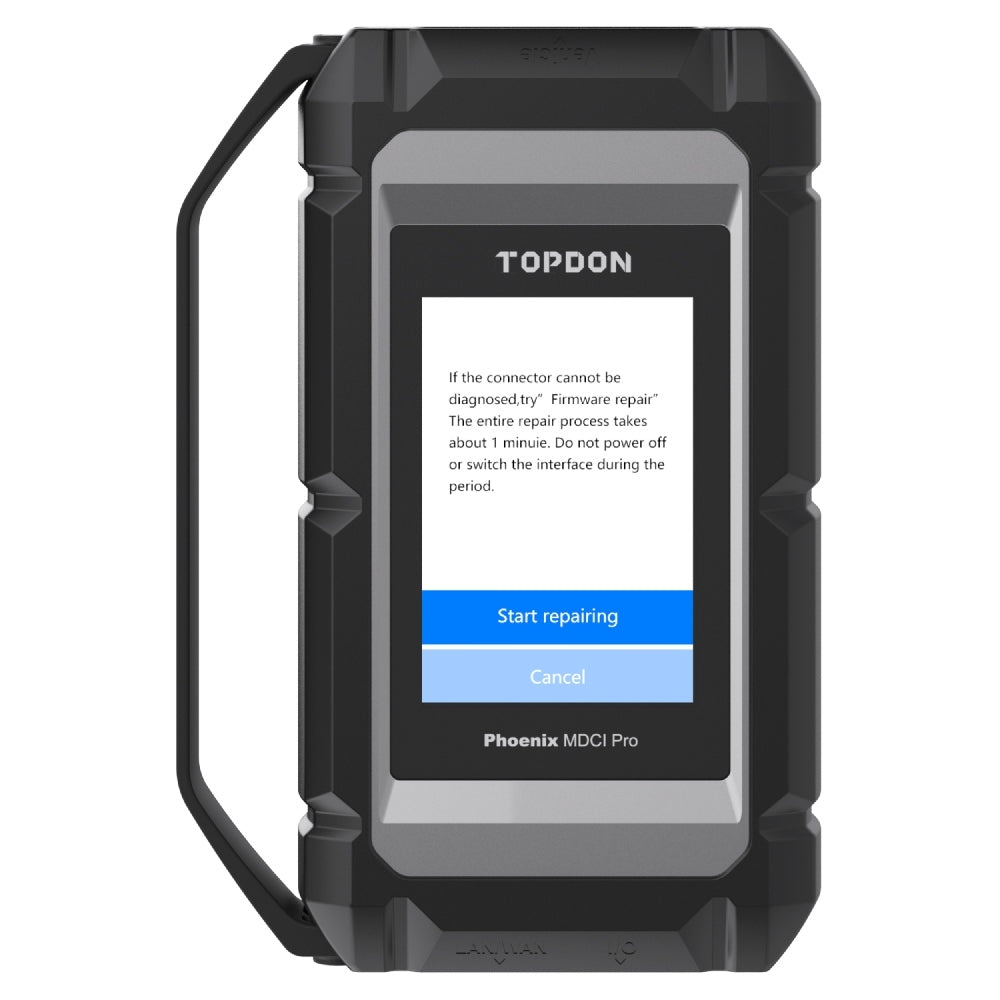 TOPDON Phoenix MDCI Pro VCI connector front view showing firmware repair screen on built-in display