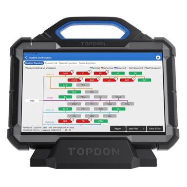 TOPDON Phoenix Max front view on docking stand showing live system topology scan of a Porsche Cayenne