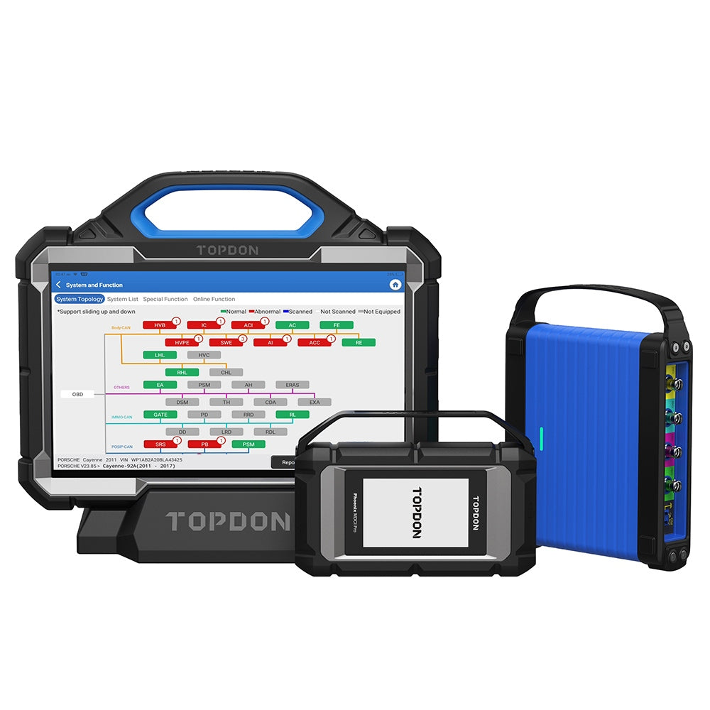 TOPDON Phoenix Max diagnostic tablet with Phoenix MDCI Pro VCI and oscilloscope module shown as complete workshop kit