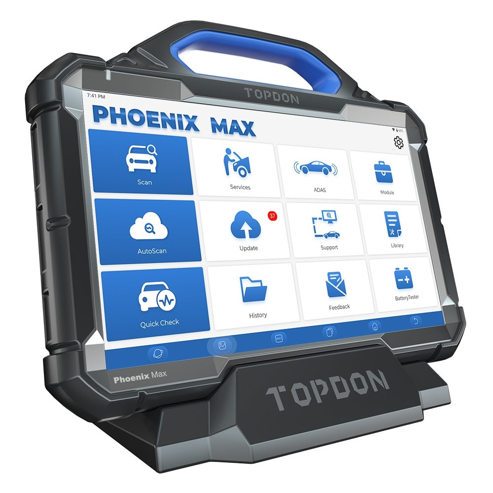TOPDON Phoenix Max left angle view on docking stand showing home screen with scan, services and quick check functions