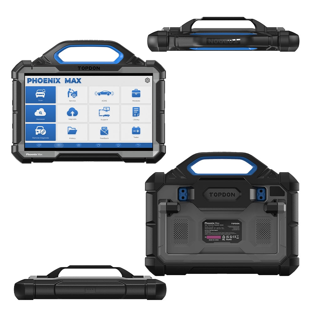 TOPDON Phoenix Max composite showing front screen, rear panel, top edge and bottom edge in four views