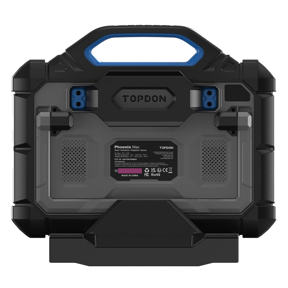TOPDON Phoenix Max rear panel showing model rating label with FCC, UKCA, CE and RoHS certification marks