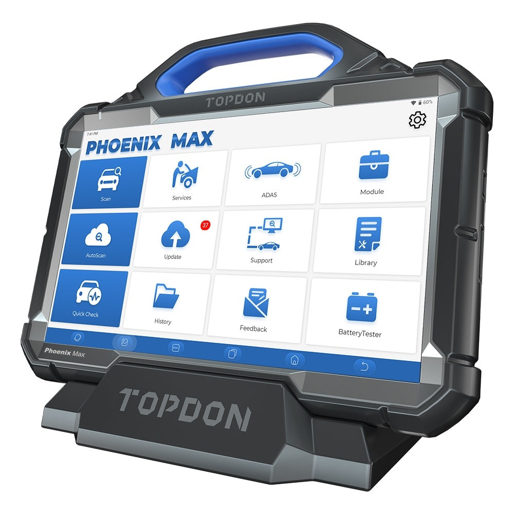TOPDON Phoenix Max right angle view on docking stand showing home screen with ADAS, AutoScan and battery tester menu icons