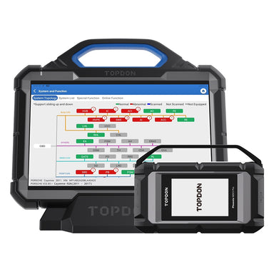 TOPDON Phoenix Max diagnostic tablet showing system topology scan with MDCI Pro VCI connector on white background