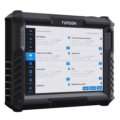 TOPDON Phoenix Remote left side angle view showing upgrade menu with ABS, Adblue and AC system update options