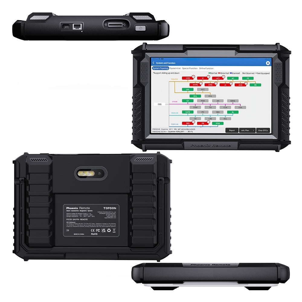 TOPDON Phoenix Remote four-view composite showing top edge ports, system topology scan screen, rear panel and bottom edge