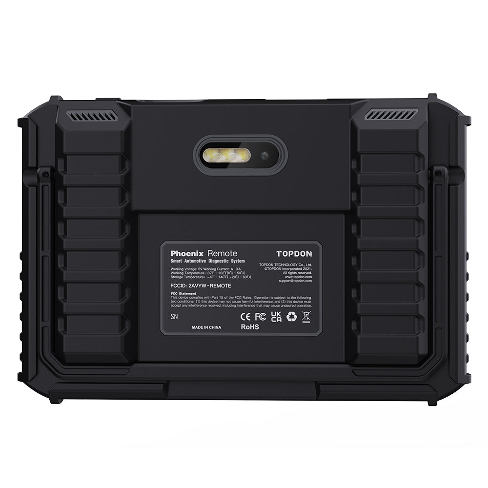 TOPDON Phoenix Remote rear panel showing built-in camera, LED flash and CE, FCC and UKCA certification label