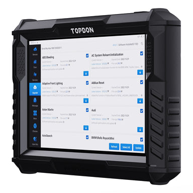 TOPDON Phoenix Remote right side angle view showing software update screen with multi-brand vehicle coverage list